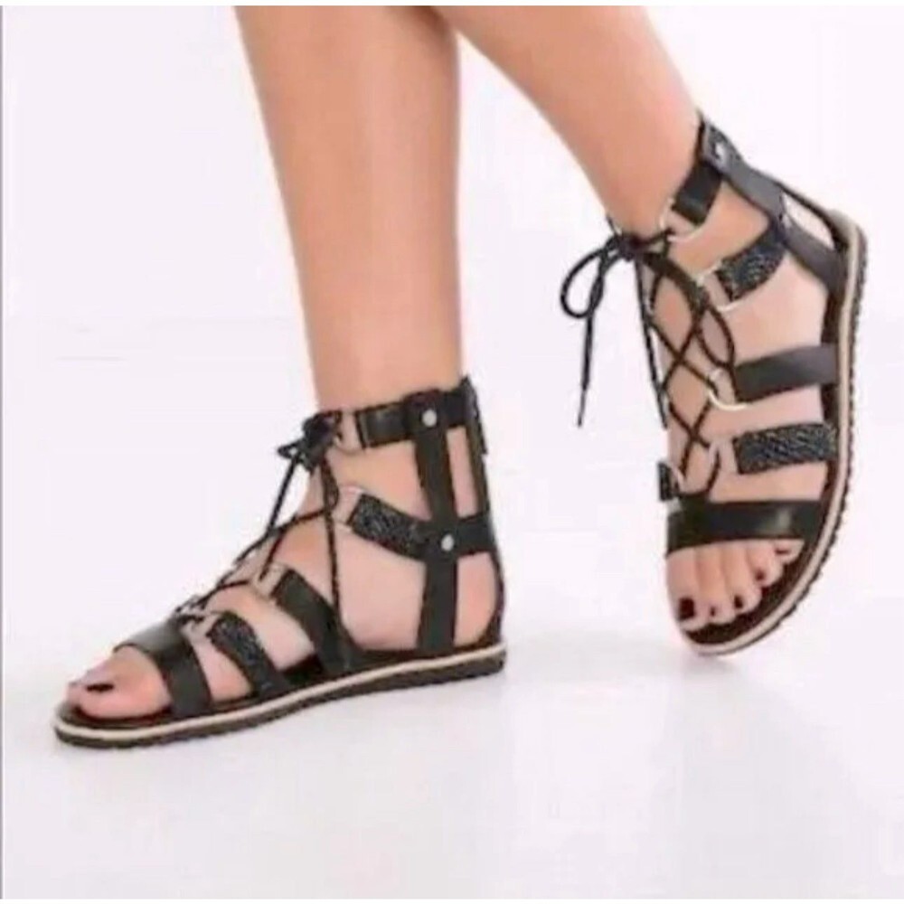 Sorel 7.5 leather lace-up gladiator sandals Strappy flat adjustable black
